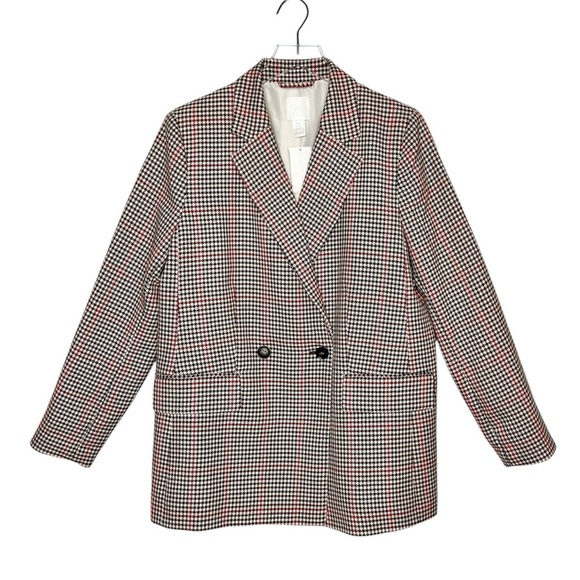 NEW H&M Brown Plaid Houndstooth Double Breasted Women’s Blazer Sz 12 - Picture 1 of 12